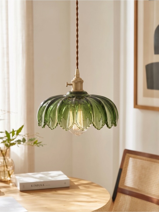 West Elm Other - NEW West Elm Vintage Green Retro Glass Hanging Gold Floral Pendant Light Fixture